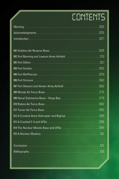 The table of contents from Mysteries of Georgia's Military Bases by Schiffer Publishing, Ltd. features a green digital design and lists chapters about Georgia military bases, UFO sightings, and eyewitness stories at places like Dobbins Air Reserve Base, with page numbers.