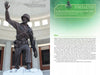 A bronze soldier saluting stands in a rotunda. To the right, a green INTRODUCTION panel from Mysteries of Georgia’s Military Bases by Schiffer Publishing, Ltd. details eyewitness reports of paranormal activity on Georgia military bases.
