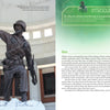 A bronze soldier saluting stands in a rotunda. To the right, a green INTRODUCTION panel from Mysteries of Georgia’s Military Bases by Schiffer Publishing, Ltd. details eyewitness reports of paranormal activity on Georgia military bases.