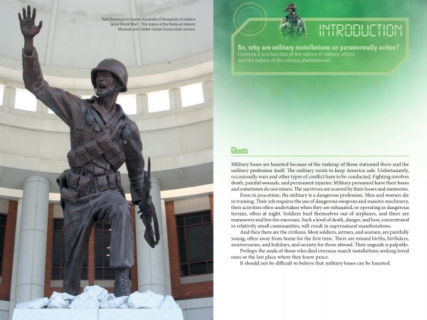 A bronze soldier saluting stands in a rotunda. To the right, a green INTRODUCTION panel from Mysteries of Georgia’s Military Bases by Schiffer Publishing, Ltd. details eyewitness reports of paranormal activity on Georgia military bases.