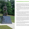 A bronze soldier statue stands on a pedestal outdoors among trees at a Georgia military base, honoring Sgt. Rich Buckholz. Featured in "Mysteries of Georgia's Military Bases" by Schiffer Publishing, Ltd.; eyewitness accounts and article text appear nearby.