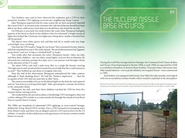 An open book, "Mysteries of Georgia's Military Bases" by Schiffer Publishing, Ltd., displays "The Nuclear Missile Base and UFOs" with eyewitness accounts, faded UFO art, and a photo of a fenced gate on a dirt road beneath clouds.