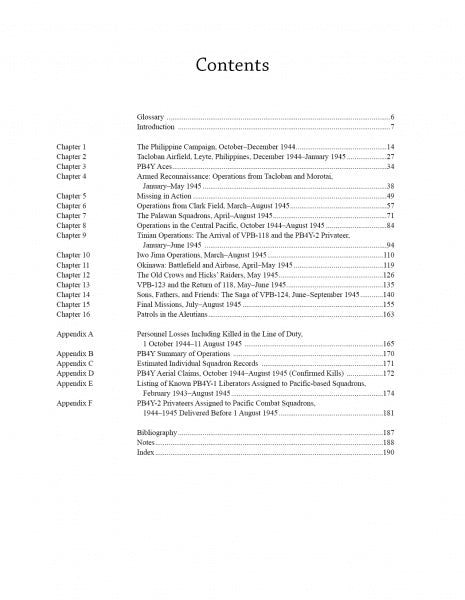 Table of contents for "Above an Angry Sea, 2nd Edition" by Schiffer Publishing, Ltd., lists chapters on military campaigns and Navy patrol squadrons in the Philippines (1944-1945), plus appendices and glossary, all with page numbers.