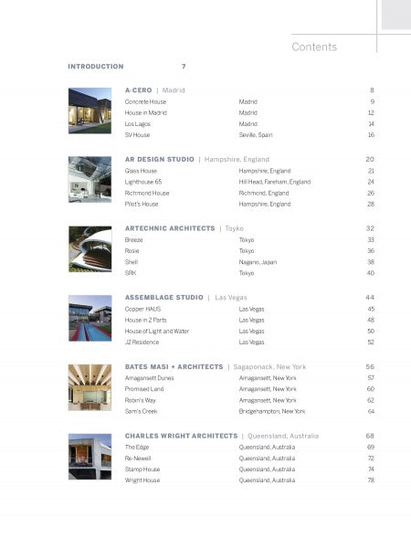 The "Modern Masters" table of contents by Schiffer Publishing, Ltd. lists innovative architecture studios and project locations, featuring building thumbnails, project titles, locations, and page numbers on a clean white background.