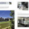 A two-page magazine spread in Schiffer Publishing, Ltd.'s "Modern Masters" showcases a minimalist concrete house by a pond, with large windows and an open-plan kitchen—exemplifying cutting-edge architecture.