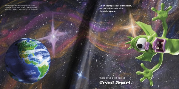 A vivid image of Earth and a swirling galaxy features Gruel Snarl, a green modeling-clay character waving, with text reflecting the imaginative picture book "Gruel Snarl Draws a Wild Zugthing" by Schiffer Publishing, Ltd.