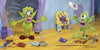 In "Gruel Snarl Draws a Wild Zugthing" from Schiffer Publishing, Ltd., two green, one-eyed clay aliens stand in a cluttered room; one shouts holding a flying saucer, the other appears frustrated as a small purple alien sits behind.
