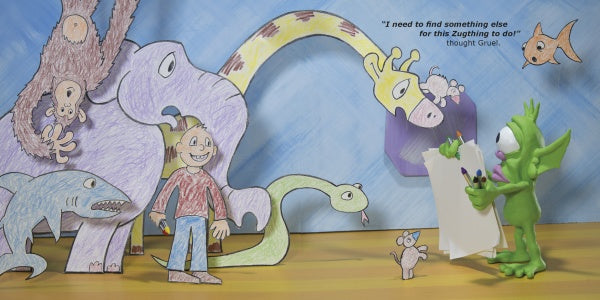 A green cartoon alien holds crayons, pondering a wild drawing of fantastic creatures. "I need to find something else for this Zugthing to do," thought Gruel in Schiffer Publishing’s "Gruel Snarl Draws a Wild Zugthing.