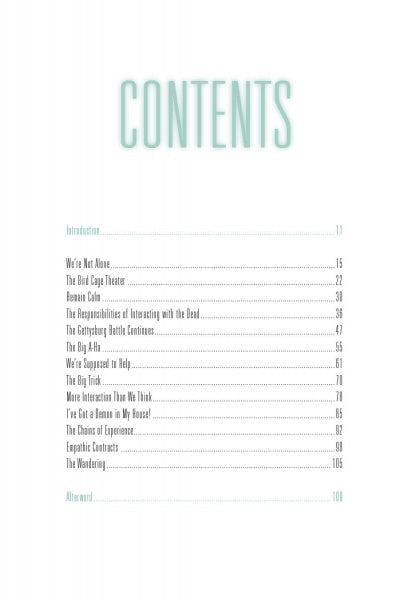 Table of contents for The Empathic Ghost Hunter by Schiffer Publishing, Ltd., listing chapters like Introduction, We’re Not Alone, The Bird Cage Theater, Romain Cola, and more—plus page numbers—exploring energy sensitivity in ghost hunting.