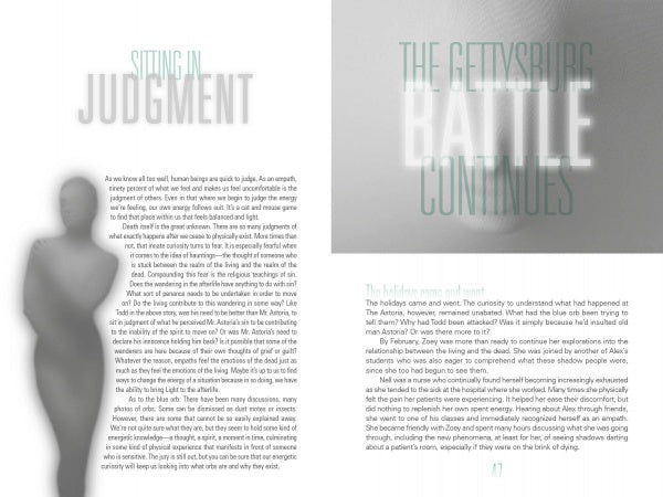 A blurred grayscale image shows a person on the left with faint text "The Empathic Ghost Hunter." On the right, text hints at ghost hunting and energy sensitivity. Product by Schiffer Publishing, Ltd.