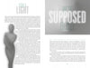 A magazine spread for Schiffer Publishing, Ltd.'s "The Empathic Ghost Hunter" features a blurred, faceless figure on the left, with headings BEING A LIGHT and WE’RE SUPPOSED TO HELP in large, semi-transparent text and columns of smaller text.
