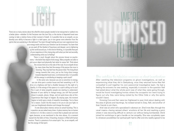 A magazine spread for Schiffer Publishing, Ltd.'s "The Empathic Ghost Hunter" features a blurred, faceless figure on the left, with headings BEING A LIGHT and WE’RE SUPPOSED TO HELP in large, semi-transparent text and columns of smaller text.