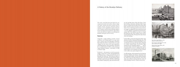 A two-page spread from Brooklyn's Sweet Ruin by Schiffer Publishing, Ltd.: the left page is solid orange; the right shows "A History of the Brooklyn Railway" and five vertical black-and-white Brooklyn photos including Domino Sugar Refinery.
