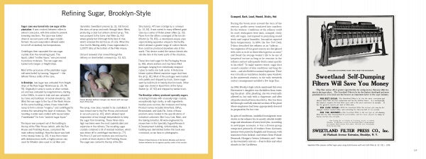A two-page spread from "Brooklyn's Sweet Ruin" (Schiffer Publishing, Ltd.): the left page has text titled “Refining Sugar, Brooklyn-Style” with photos of hands handling sugar; the right page shows a vintage ad for Sweetland Self-Dumping Filters.