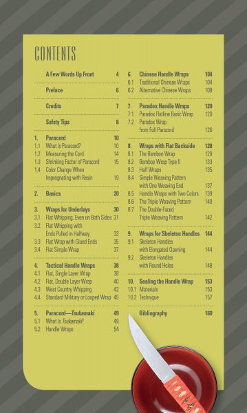 The Paracord Knife Handle Wraps book by Schiffer Publishing, Ltd. has a table of contents listing sections on paracord basics, survival and tactical wraps, traditional and Chinese methods—plus a red bowl with a knife is shown.