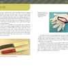 A page from Schiffer Publishing, Ltd.'s "Paracord Knife Handle Wraps" shows safety tips with photos of two wrapped survival knives and gloves, offering advice on blades, adhesives, and glove use. Layout features green and yellow on a light background.