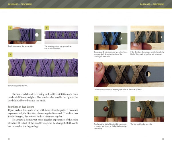 The Paracord Knife Handle Wraps guide by Schiffer Publishing, Ltd. features step-by-step photos of purple and green cords woven in the tsukamaki pattern on a rod—ideal for customizing tactical knives, with clear instructions included.