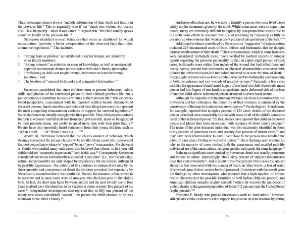 Two pages from "Life after Death" by Schiffer Publishing, Ltd. display dense text, bullet points, and section headings about forensic interviews, trauma, testimonial accuracy, and near-death experiences, with no images or illustrations.