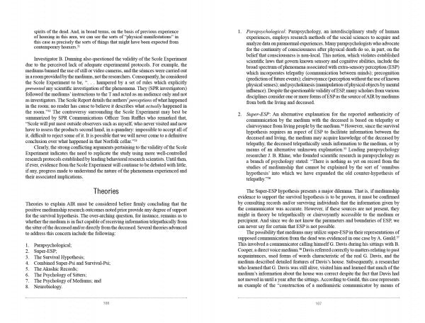 Two pages from "Life after Death" by Schiffer Publishing, Ltd. feature dense text on consciousness and the afterlife, with headings like Theories and numbered topics such as 1. Phenylphysiological and 2. Super-ESP; no images or graphics included.