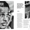 Jazz in Available Light by Schiffer Publishing, Ltd. is a black-and-white magazine spread featuring jazz saxophonist Dexter Gordon, portraits, a smaller image with another man, and text about his life among great jazz musicians.