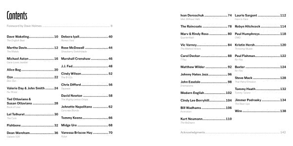 The 80s Redux by Schiffer Publishing, Ltd. includes a table of contents with two columns of names and page numbers, a Foreword by Dave Holmes, and artist interviews with 1980s musicians like Martha Davis, Debora Iyall, and Michael Aston.