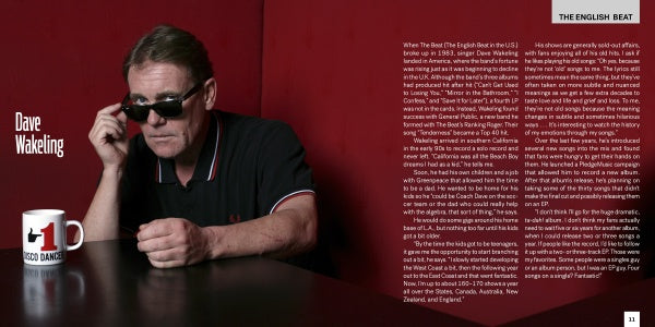 A man in a black polo shirt and sunglasses sits at a table with an 80s Redux mug. Text about Dave Wakeling, one of the iconic 1980s musicians, and his music career fills the right side on a red background. Brand: Schiffer Publishing, Ltd.