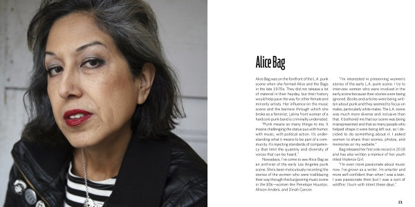A woman with gray-streaked dark hair and red lipstick, in a striped shirt and leather jacket, gazes confidently. Text beside her highlights Alice Bag’s punk legacy, featured in "80s Redux" by Schiffer Publishing, Ltd.