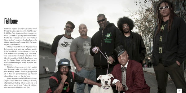 Six men pose outside with a white dog; five wear casual attire while one, evoking 1980s musicians, sits in front in a suit and hat. Trees and buildings stand beneath an overcast sky. Featured: "80s Redux" by Schiffer Publishing, Ltd.