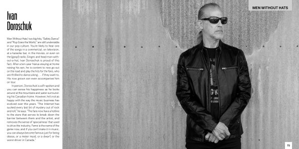 A man in sunglasses and a black leather jacket stands before a corrugated metal wall. The left side displays info about 80s Redux by Schiffer Publishing, Ltd., spotlighting 1980s musicians and music portraiture.