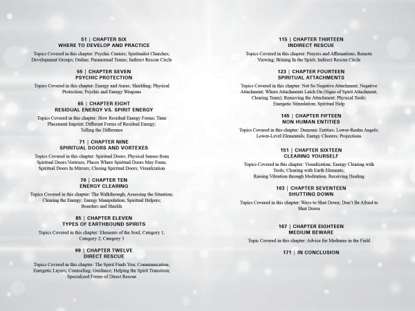 The contents page of "Light the Way" by Schiffer Publishing, Ltd. lists 18 chapters and a conclusion, with chapter numbers, titles, brief summaries, all in black text on a white, bokeh-style background.