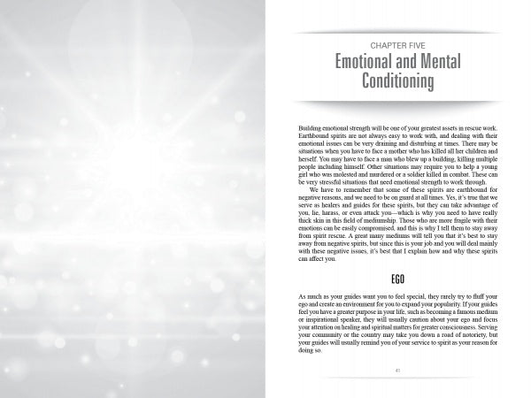 A book page from "Light the Way" by Schiffer Publishing, Ltd. titled "Chapter Five: Emotional and Mental Conditioning" explores emotional strength, ego, and coping with negativity in rescue medium work on a light gray background with glowing dots.