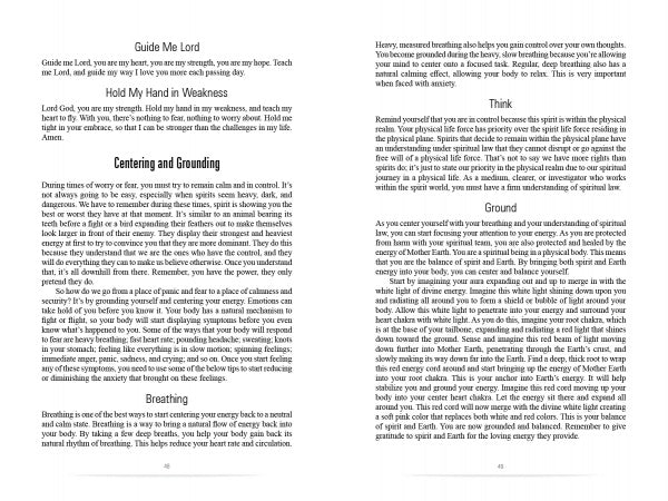 An open book, "Light the Way" by Schiffer Publishing, Ltd., reveals two white pages with black text featuring spiritual reflections and prayers on themes like mediumship, with headings such as Guide Me Lord, Breathing, Think, and Ground.