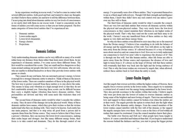 A two-page spread in *Light the Way* by Schiffer Publishing, Ltd. covers five lower-level entity types—demonic, lower-realm angels, lost souls, extraterrestrials, and projections—with text explanations and guidance on spirit rescue and mediumship; no images included.