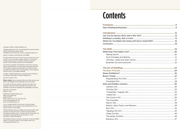 Tabletop Distilling by Schiffer Publishing, Ltd. features a two-page contents layout: the left page covers copyright info; the right lists chapters on home distilling basics, essential oils, hobby skills, and recipes under headings like “The Skills.”.