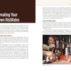 A two-page spread from Tabletop Distilling by Schiffer Publishing, Ltd. features text and a sidebar on the left, with a bottom-right photo of a woman using a copper still and reading about essential oils.