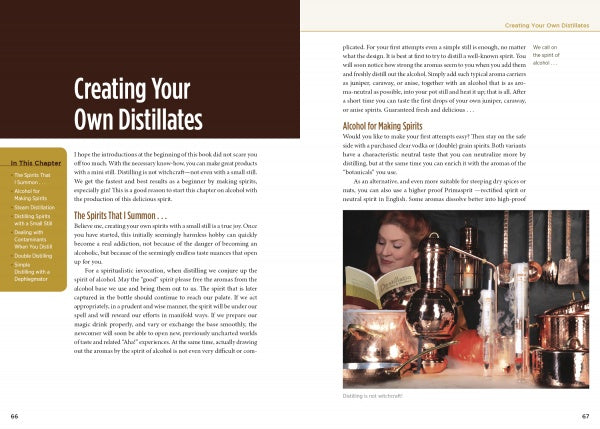 A two-page spread from Tabletop Distilling by Schiffer Publishing, Ltd. features text and a sidebar on the left, with a bottom-right photo of a woman using a copper still and reading about essential oils.