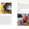 A man stands at a stove stirring a pot. Below is ginger text. On the opposite page, glass jars of dried and fresh raspberries—great for Schiffer Publishing, Ltd.'s Tabletop Distilling—sit beside a small plastic container of raspberries.