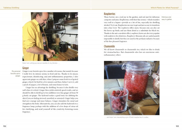 A man stands at a stove stirring a pot. Below is ginger text. On the opposite page, glass jars of dried and fresh raspberries—great for Schiffer Publishing, Ltd.'s Tabletop Distilling—sit beside a small plastic container of raspberries.
