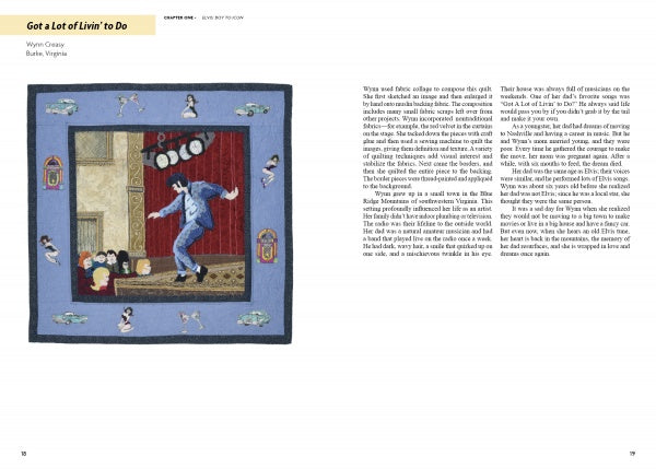 Schiffer Publishing, Ltd.’s “Inspired by Elvis” is a folk art-style quilt showing a man dancing among cats and birds in a red-curtained room. The blue-bordered quilt appears on the left with descriptive text on the right.