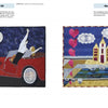 Two vibrant quilt panels from Schiffer Publishing, Ltd.’s "Inspired by Elvis": one depicts a red convertible chasing musical notes at night, the other shows yellow seaside houses with pink hearts and blue waves below. Ideal for Elvis art quilt fans.