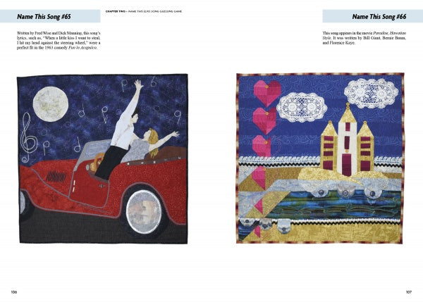 Two vibrant quilt panels from Schiffer Publishing, Ltd.’s "Inspired by Elvis": one depicts a red convertible chasing musical notes at night, the other shows yellow seaside houses with pink hearts and blue waves below. Ideal for Elvis art quilt fans.