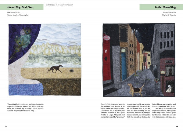 A two-page spread from Schiffer Publishing, Ltd.'s "Inspired by Elvis": left, a black dog with peacock feathers runs on a beach; right, a dog stands on a city street at night gazing up at a woman in a window. Text describes both quilt art pieces.