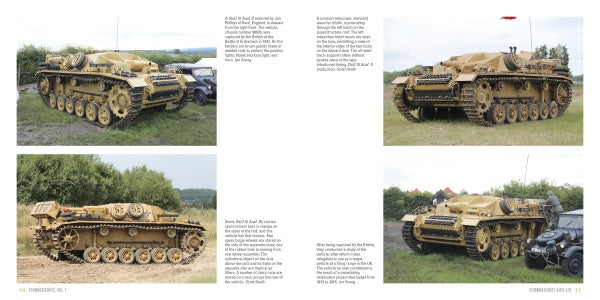 Four photos of the WWII German Sturmgeschütz tank, published by Schiffer Publishing, Ltd., are shown outdoors on grass from multiple angles. The background includes trees and vehicles, with text above and beside the images.