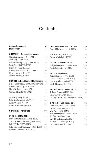 The table of contents for Open Aperture by Schiffer Publishing, Ltd. lists chapters on fine art photography and portraiture, featuring avant-garde photographers, camera-less images, hand-painted photos, environmental portraiture, and page numbers.
