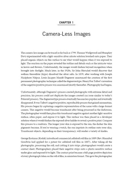 A page from "Open Aperture" by Schiffer Publishing, Ltd. shows Chapter 1, "Camera-Less Images," with details on the history and evolution of fine art photographic techniques created without using cameras.