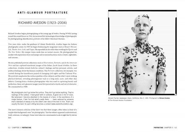 A black-and-white photo of a shirtless, bald man stands calmly as bees cover his upper body; on the left, text discusses avant-garde photographers. From Open Aperture by Schiffer Publishing, Ltd.