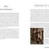 A page from Open Aperture by Schiffer Publishing, Ltd. explores street photography and Eugène Atget, with text columns and a small black-and-white photo of an old building's facade with windows and a door in the bottom right corner.