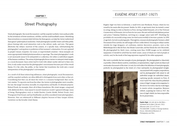 A page from Open Aperture by Schiffer Publishing, Ltd. explores street photography and Eugène Atget, with text columns and a small black-and-white photo of an old building's facade with windows and a door in the bottom right corner.