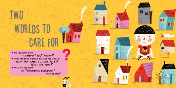 Colorful illustration of a smiling child among whimsical houses, with a dog and a bird. "Emotional Explorers" by Schiffer Publishing, Ltd. invites kids to care for two worlds—nurturing emotional health and self-knowledge.