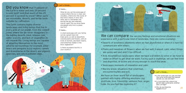 A vibrant illustrated page from Emotional Explorers by Schiffer Publishing, Ltd. shows a child in red with a polar bear and birds in snow, using text boxes to inspire kids’ self-knowledge by linking emotions to Earth's landscapes and comparisons.